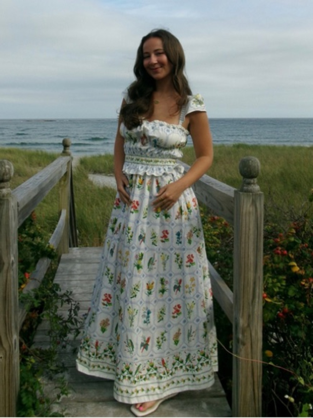 Farm Rio Tropical Porcelain Smocked Parrot Floral Printed Resortwear Maxi Dress